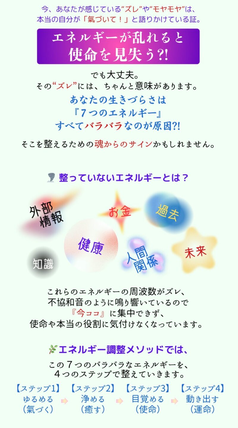 今、あなたが感じている“ズレ”や“モヤモヤ”は、
本当の自分が「氣づいて！」と語りかけている証。

エネルギーが乱れると
使命を見失う?!

でも大丈夫。  
その“ズレ”には、ちゃんと意味があります。

あなたの生きづらさは
『７つのエネルギー』
すべてバラバラなのが原因かもしれません?!

整っていないエネルギーとは？
・外部情報
・知識
・健康
・お金
・人間関係
・過去
・未来

これらのエネルギーの周波数がズレ、
不協和音のように鳴り響いているので
「今ココ」に集中できず、
使命や本当の役割に気付けなくなっています。

エネルギー調整メソッドでは、
この7つのバラバラなエネルギーを
４つのステップで整えていきます。

【ステップ１】ゆるめる（氣づく）
【ステップ２】浄める（癒す）
【ステップ３】目覚める（使命）
【ステップ４】動き出す（運命）
