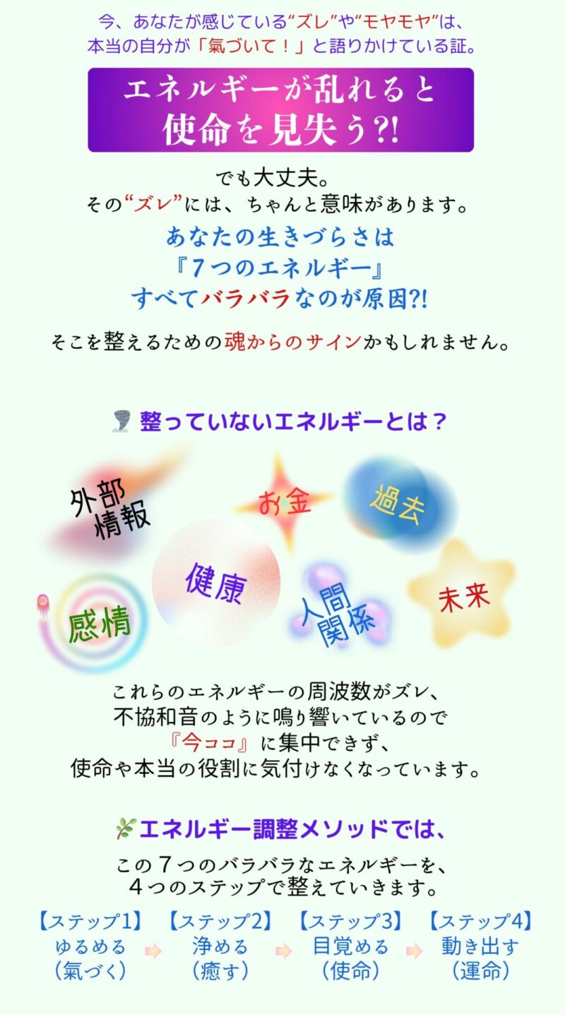 今、あなたが感じている“ズレ”や“モヤモヤ”は、 本当の自分が「氣づいて！」と語りかけている証。 エネルギーが乱れると 使命を見失う?! でも大丈夫。 その“ズレ”には、ちゃんと意味があります。 あなたの生きづらさは 『７つのエネルギー』 すべてバラバラなのが原因かもしれません?! 整っていないエネルギーとは？ ・外部情報 ・感情 ・健康 ・お金 ・人間関係 ・過去 ・未来 これらのエネルギーの周波数がズレ、 不協和音のように鳴り響いているので 「今ココ」に集中できず、 使命や本当の役割に気付けなくなっています。 エネルギー調整メソッドでは、 この7つのバラバラなエネルギーを ４つのステップで整えていきます。 【ステップ１】ゆるめる（氣づく） 【ステップ２】浄める（癒す） 【ステップ３】目覚める（使命） 【ステップ４】動き出す（運命）