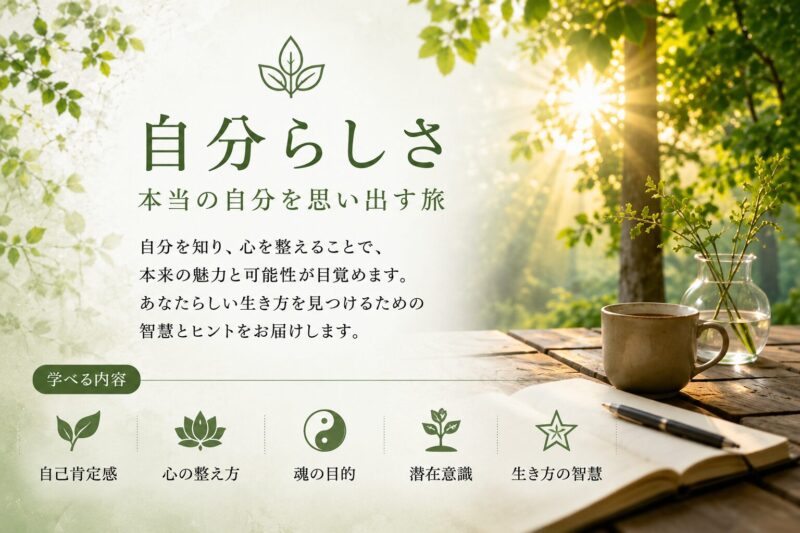 【自分らしさ】
『本当の自分らしさを思い出す旅』
自分を知り、心を整えることで、
本来の魅力と可能性が目覚めます。
あなたらしい生き方を見つけるための
智慧とヒントをお届けします。